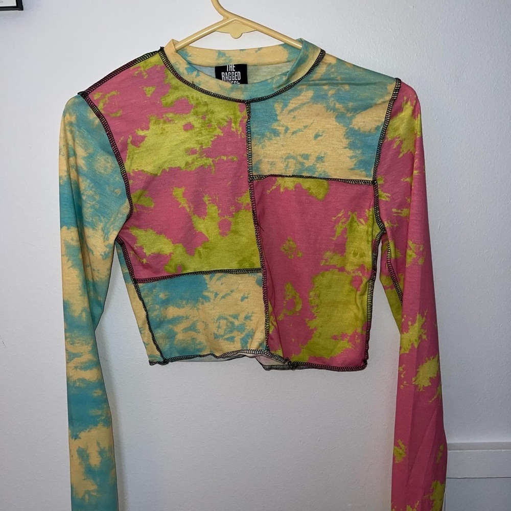The Ragged Priest Pink and Green Asymmetrical Crop Blouse